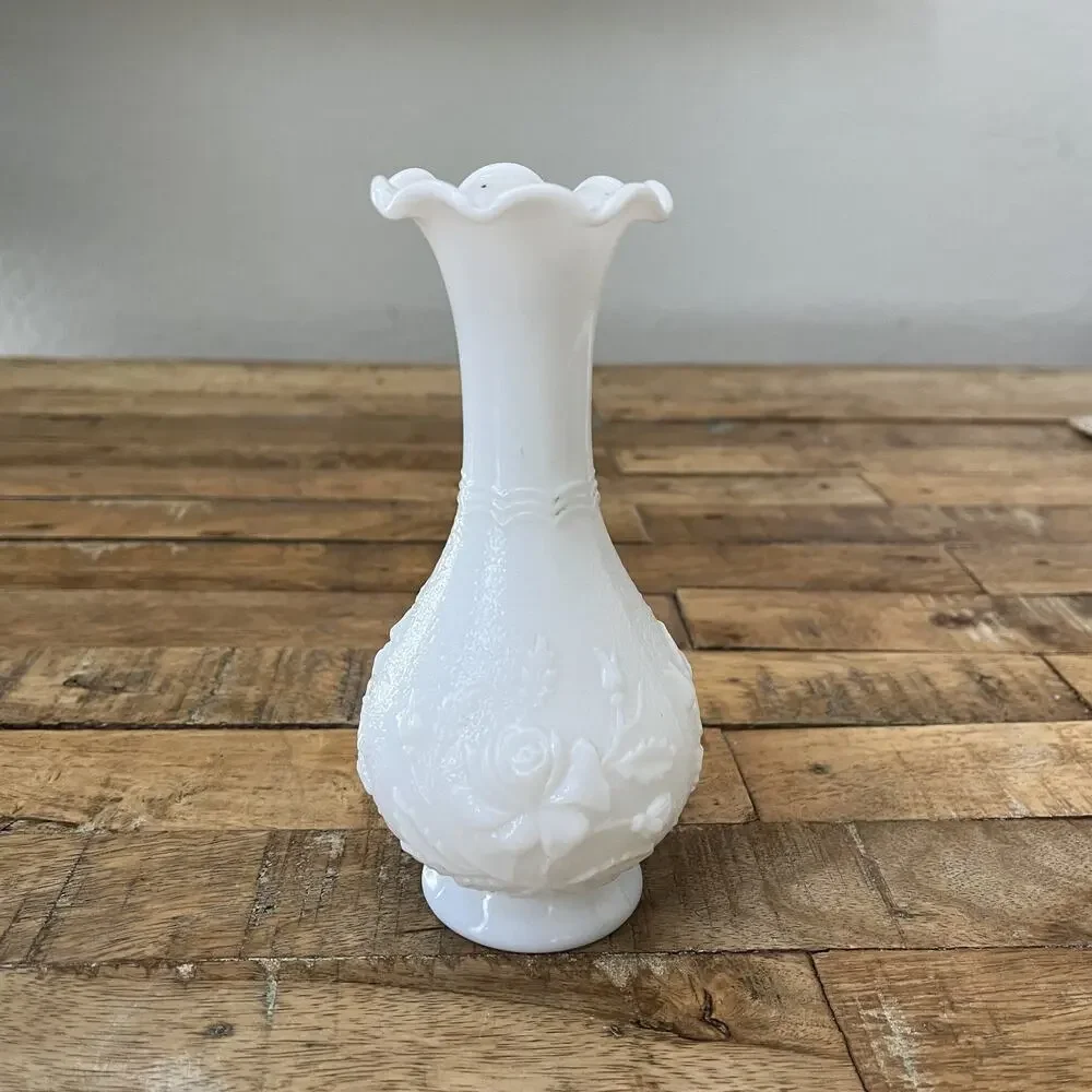 Imperial Milk Glass Bud Vase Embossed Roses Ruffled Scalloped Rim